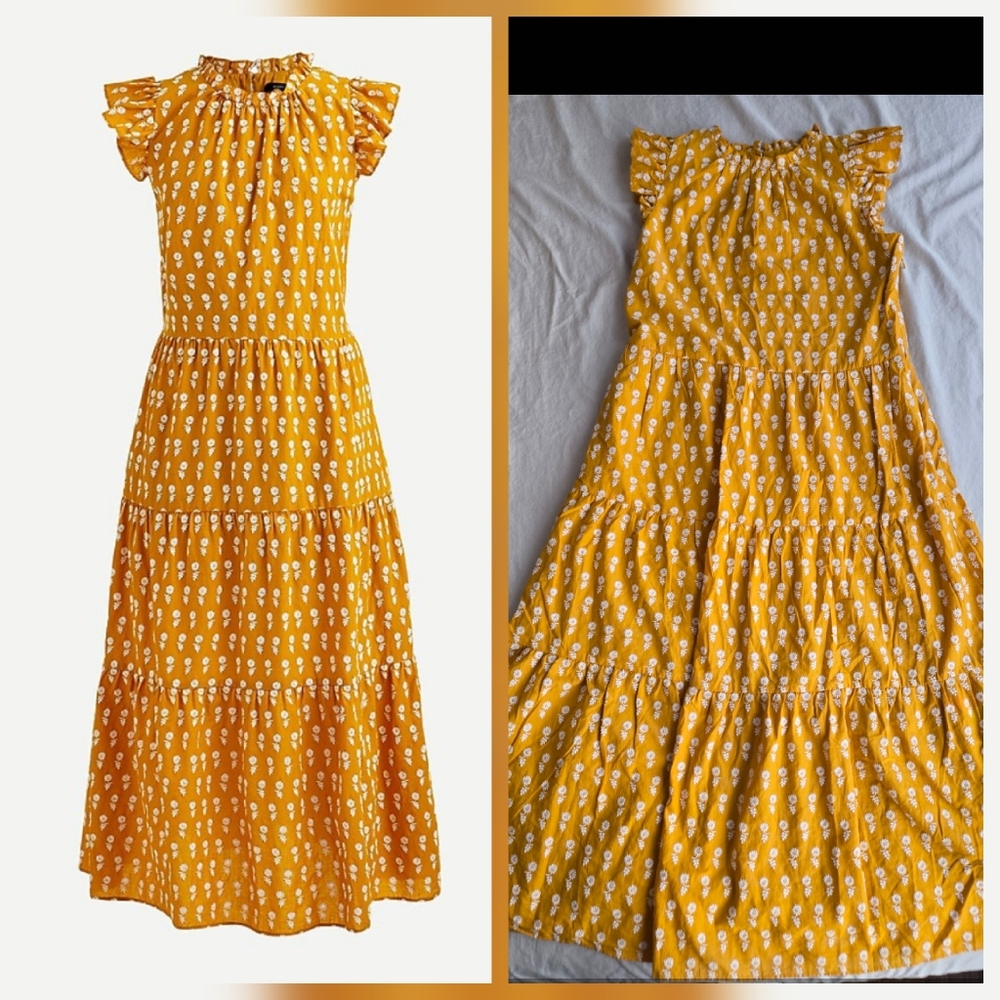 J. Crew Tiered Cotton Voile Dress Floating Sunflowers XS Yellow Cottagecore